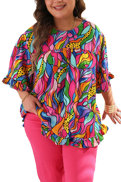 Roze abstracte print plus maat blouse met ruches