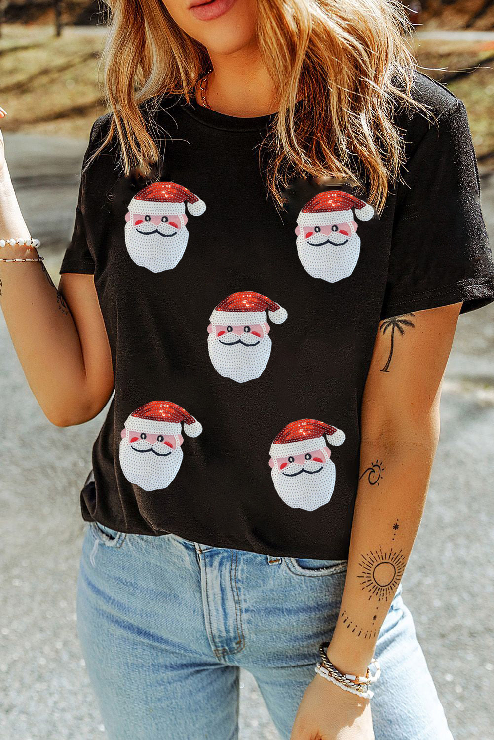 Black Faux Sequin Christmas Claus Patroon Crewneck T -shirt