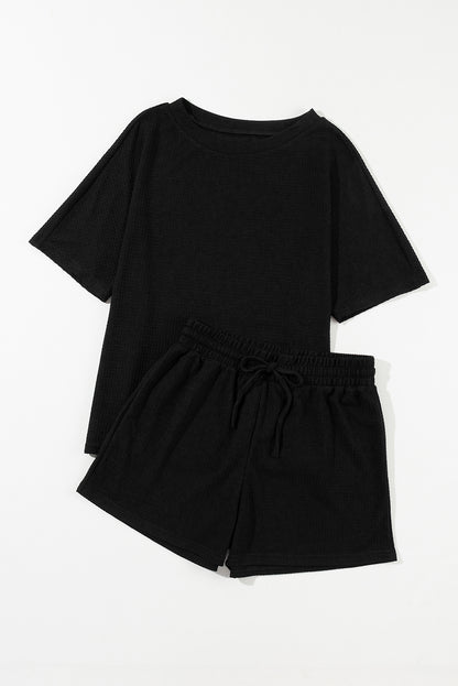 Black Casual Textured Tee and Drawstring Shorts Set