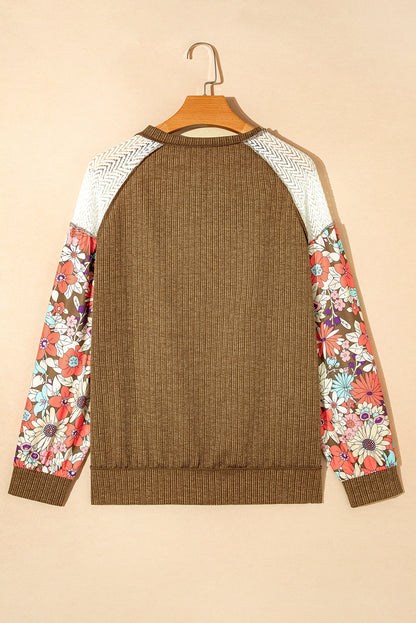 Brown Floral Patchwork Puff Sleeve Textured Blouse