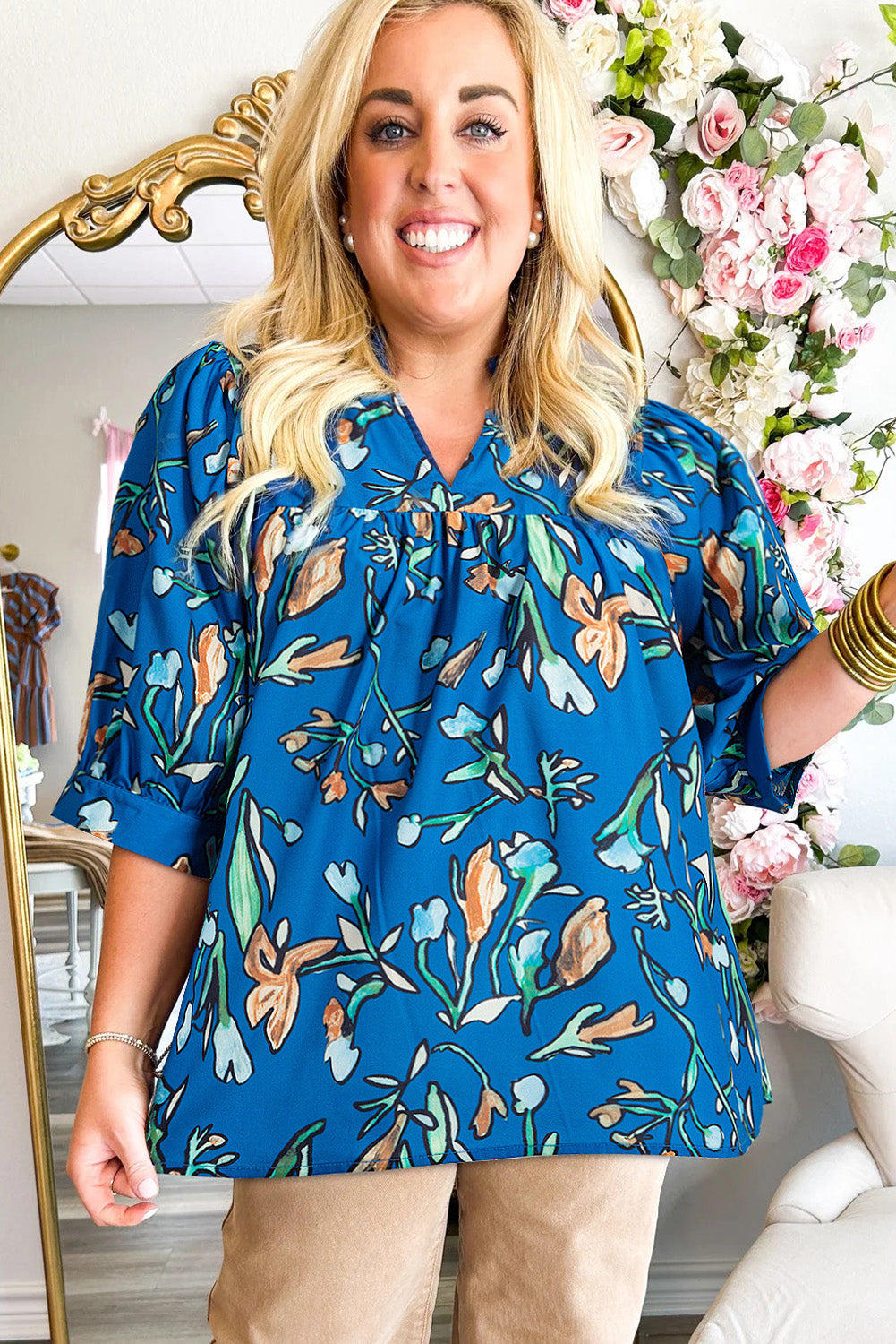 Blue Floral Notched V Neck Half Sleeve Plus Size Blouse