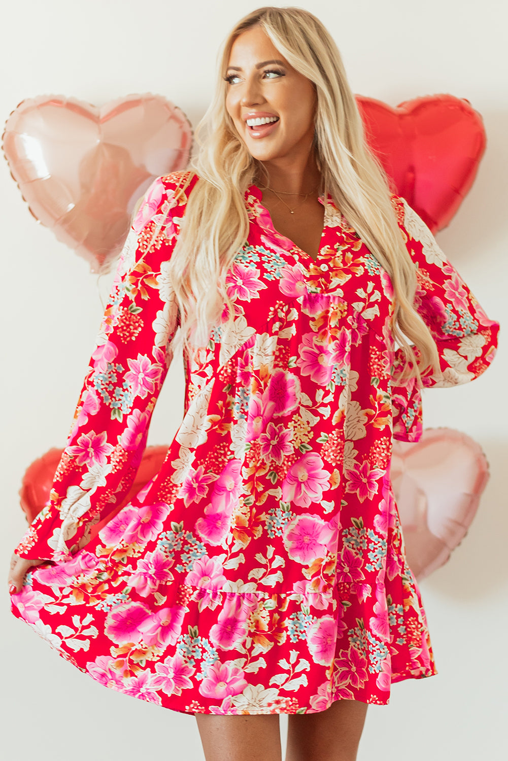 Rode bloemenprint Hoge taille v Nek Babydoll mini -jurk