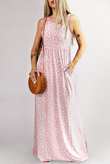 Roze mouwloze maxi-jurk met luipaardprint en zakken