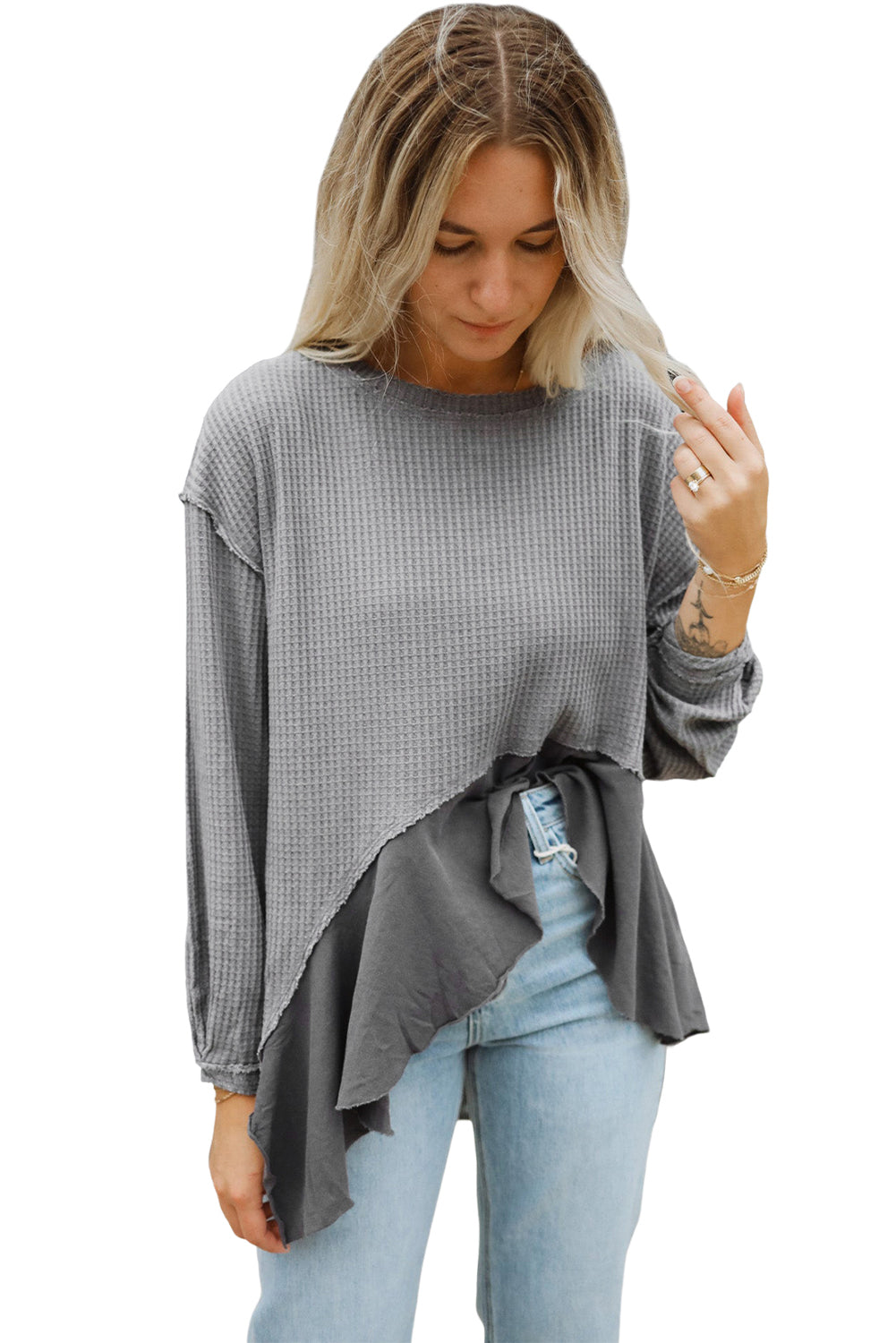 Medium Grey Waffle Long Sleeve Ruffled Patchwork Top