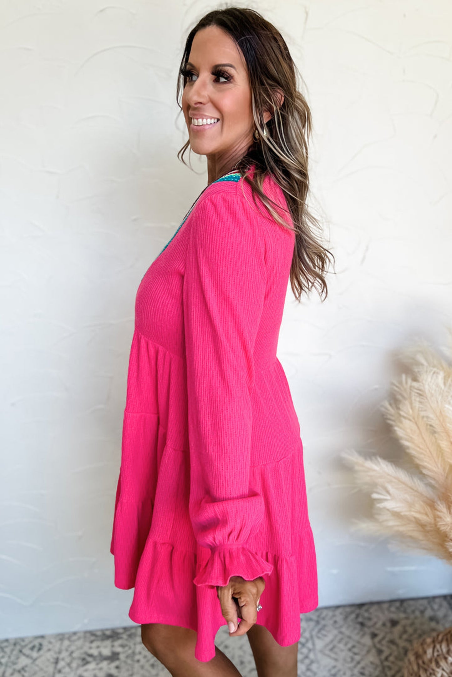 Rose Red Colorful Crochet V Neck Textured Tiered Ruffled Long Sleeve Mini Dress