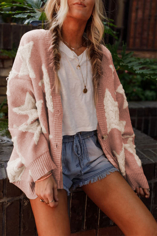 Pink Sherpa Star Patroon Gestructuur Sweater Cardigan met zakken