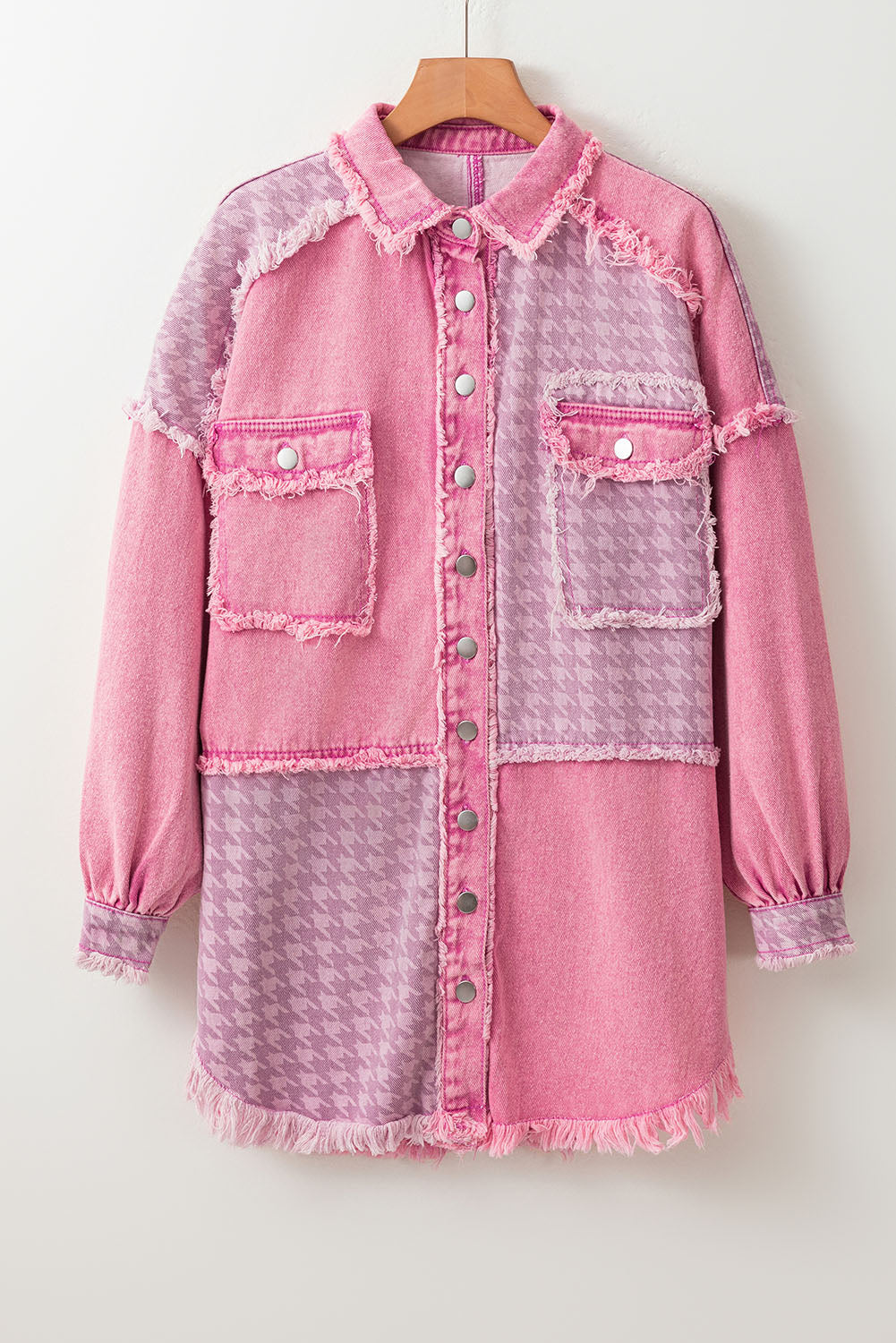 Roze retro denim jack met pied-de-poule patchwork