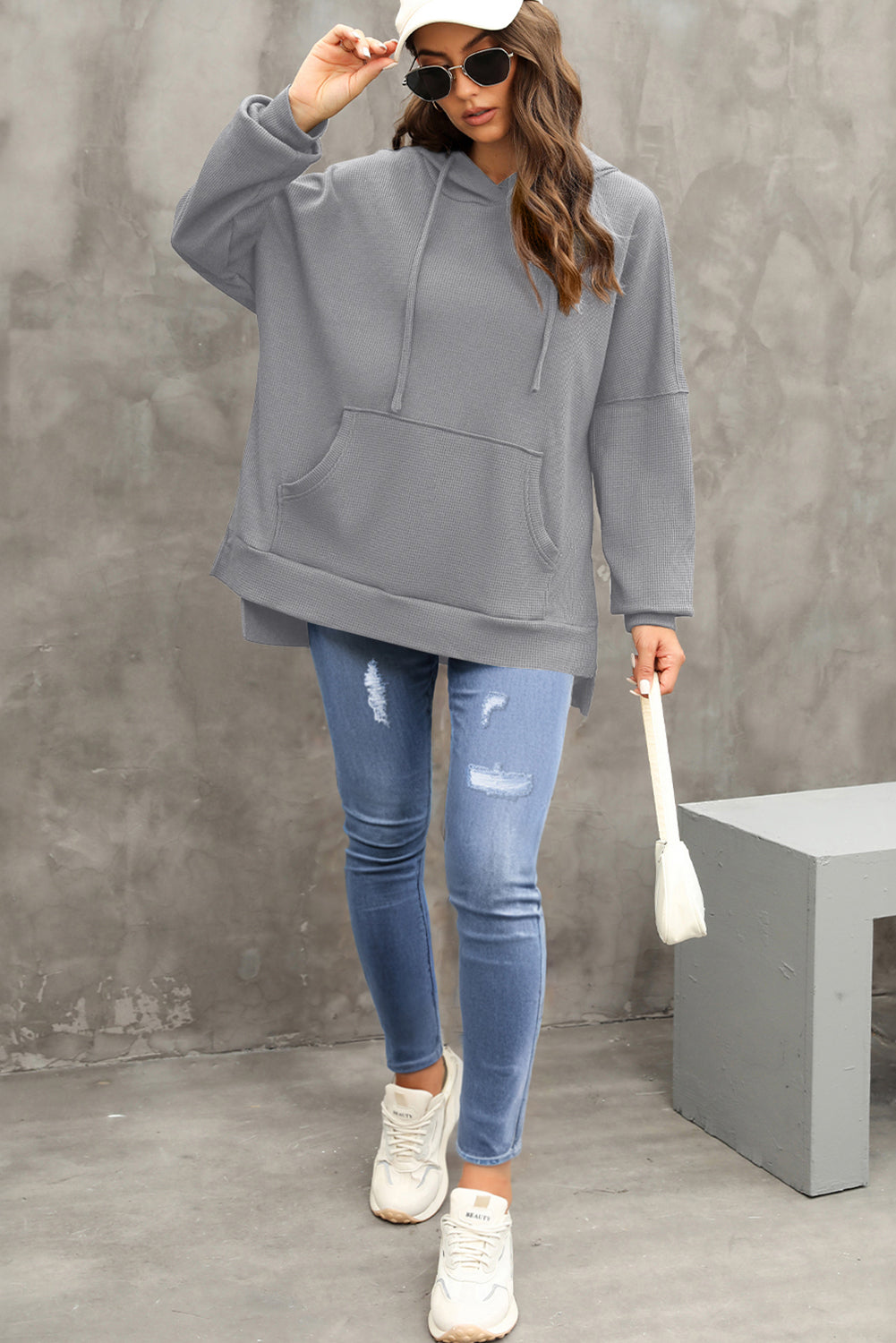 Grijze wafel gebreide fleece gevoerde high low oversized hoodie