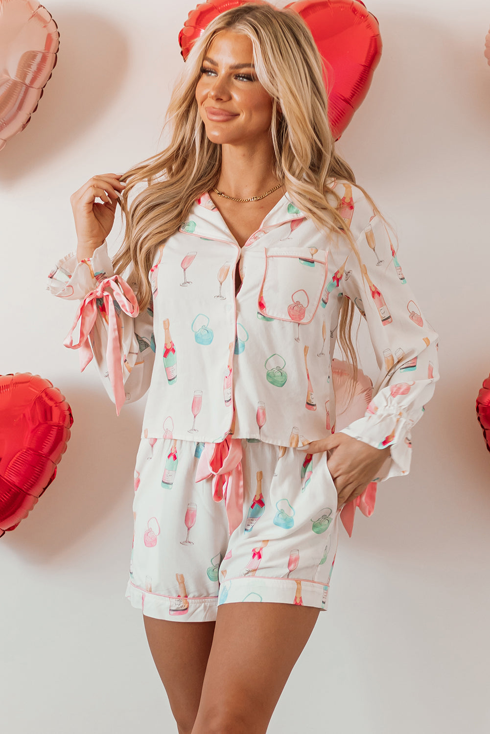 Witte kerstwijn glazen print boog knoop tweedelig pyjama set