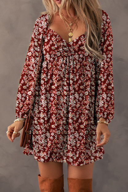 Rode bloemenprint Sweetheart Neck Shirred Back Mini Dress