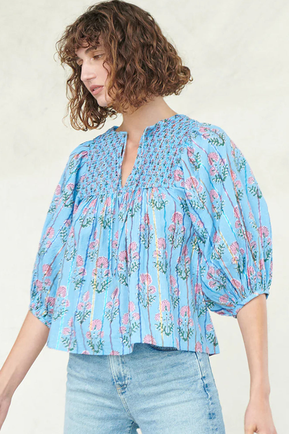 Sky Blue Floral Striped Print Tie Shirred Splie Neck Blouse