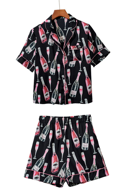 Black Champagne Print Silky Short Sleeve Pajamas Set