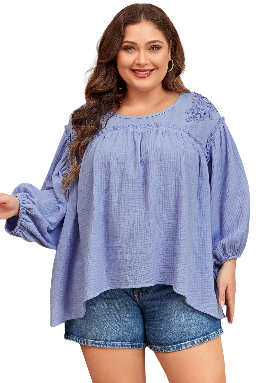 Beau Blue Plus Size Haakarmband Mouw Babydoll Blouse