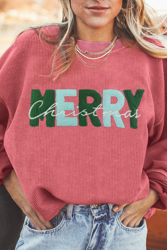 Strawberry Pink Merry Christmas Chenille geborduurd sweatshirt met koord