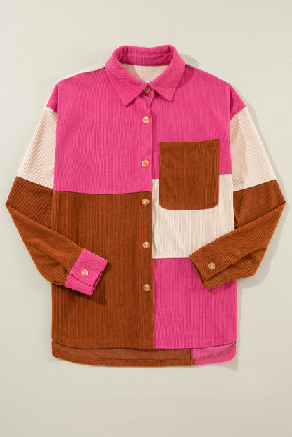 Rozerode corduroy shacket met gebogen zoom en zak met colorblock