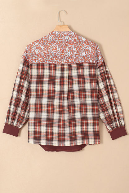 Fiery Red Floral Plaid Mixed Print Bishop Sleeve Patchwork Top