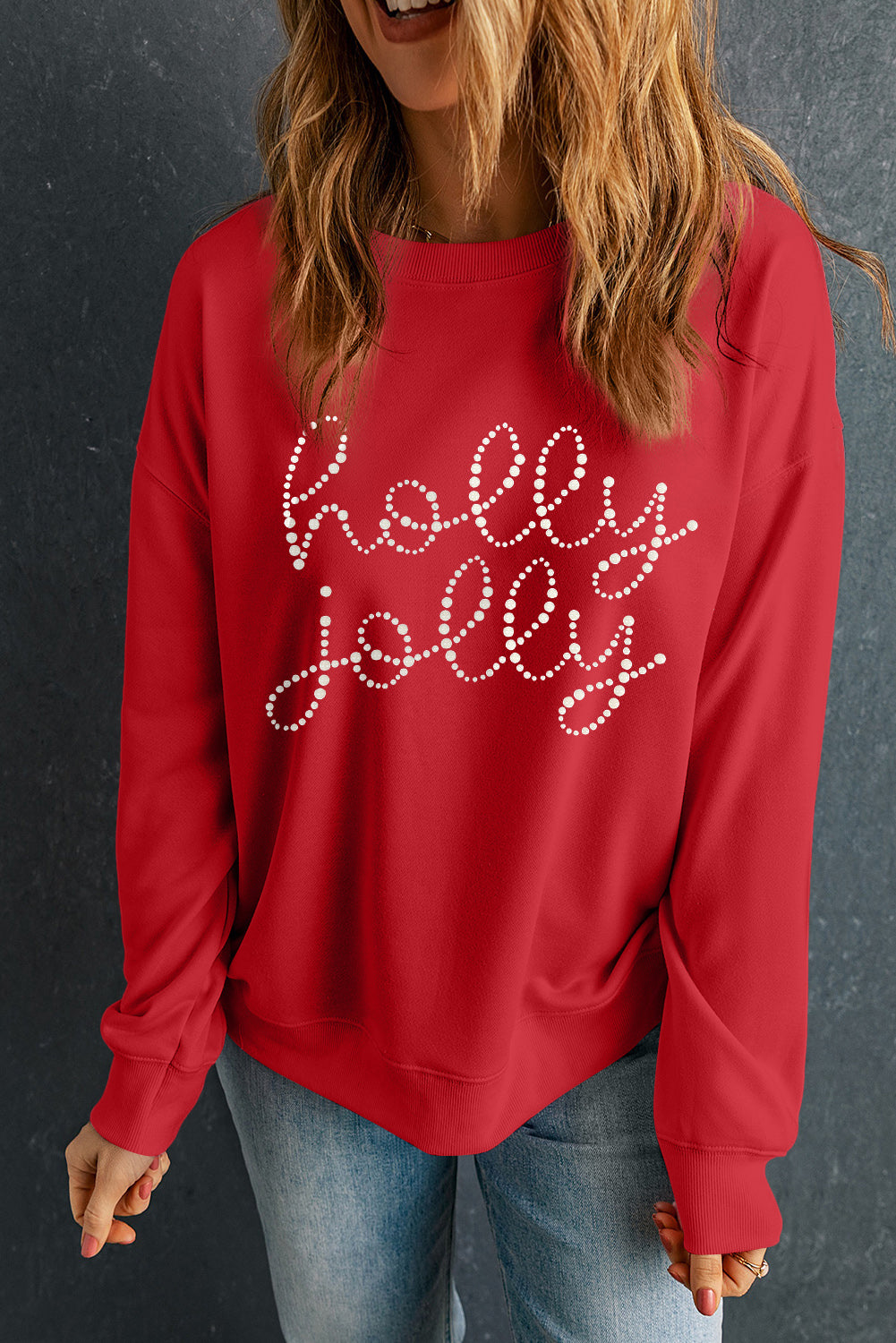 Red Christmas holly jolly Ceramic Rhinestone Letter Graphic Sweatshirt