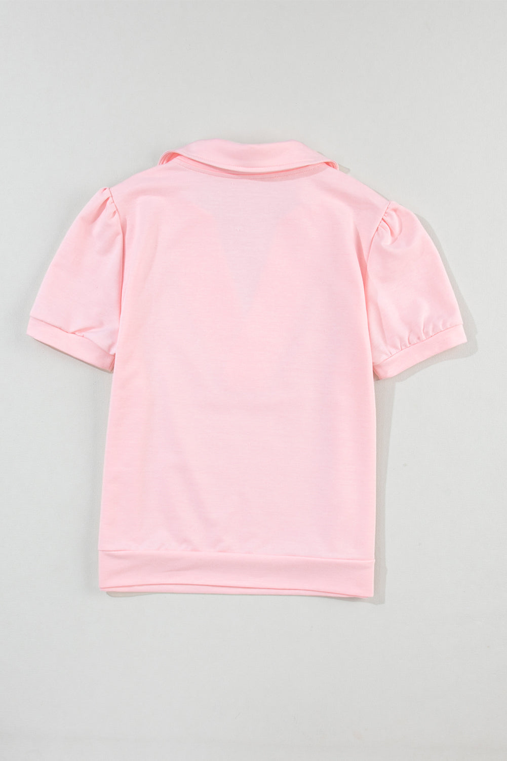 Pink Collared V Neck Puff Sleeve T-shirt