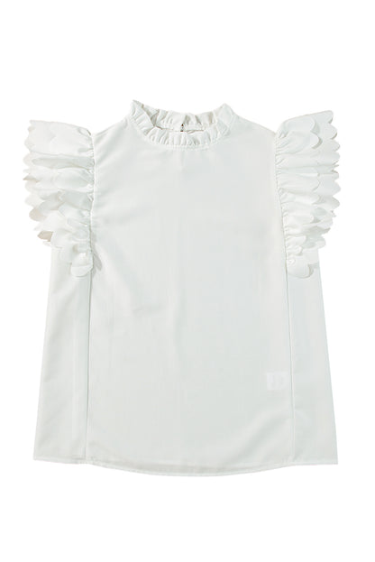 White Solid Color Scalloped Ruffle Sleeve Top