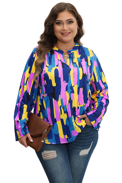 Blauwe grote maat blouse met penseelstreekprint en 3/4 mouwen