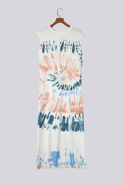 Witte tie-dye jurk met lange split en kapmouwen