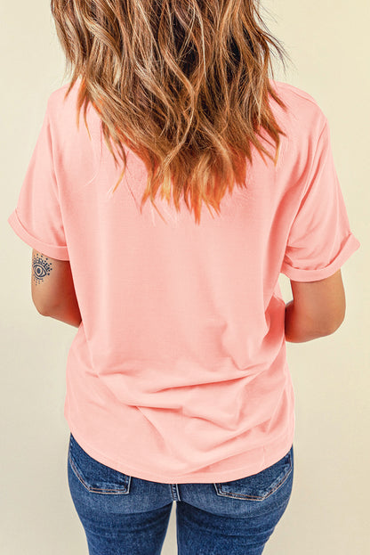 Roze casual effen T-shirt met ronde hals