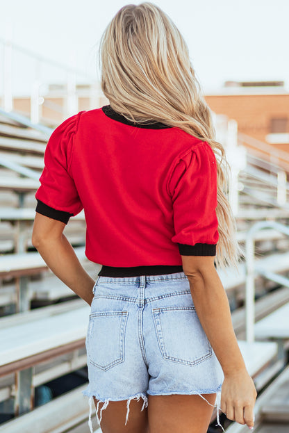 Rood pailletten rugby kleurblok bakje met korte mouwen trui