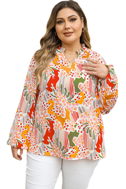 Oranje bedrukte bloemen-abstracte print met ruches en V-hals, grote maat blouse