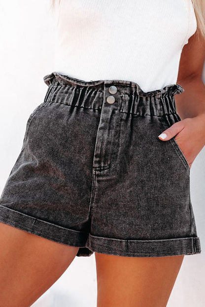 Zwarte vintage gewassen denim shorts met hoge taille en ruches