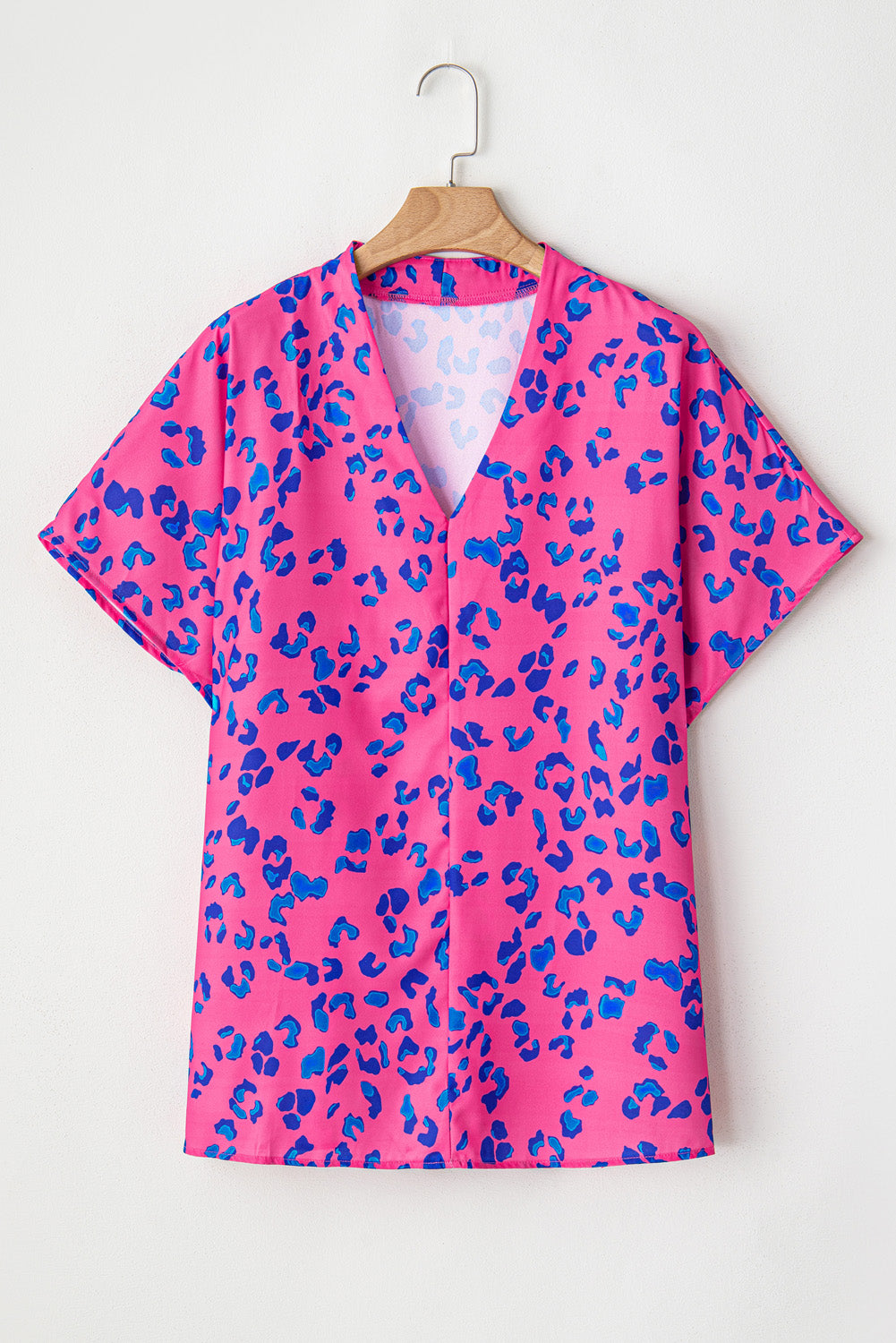 Roze contrasterende luipaardprint plus maat blouse met V-hals