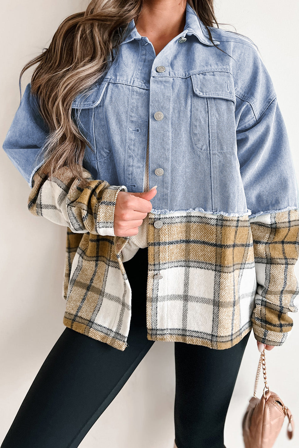 Khaki geruit patchwork oversized denim jack met knopen