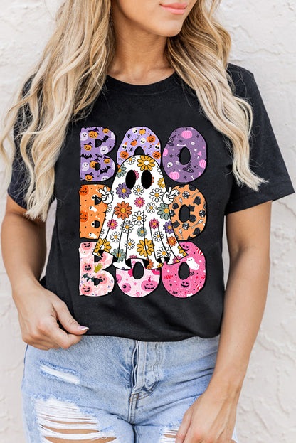 Black Boo Floral Ghost Print Crew Neck Halloween T -shirt