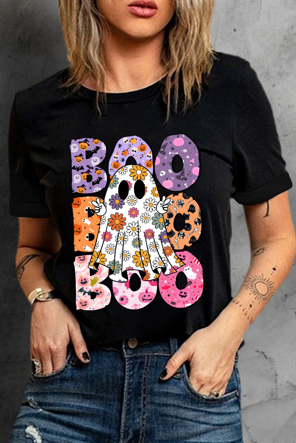 Black Boo Floral Ghost Print Crew Neck Halloween T -shirt