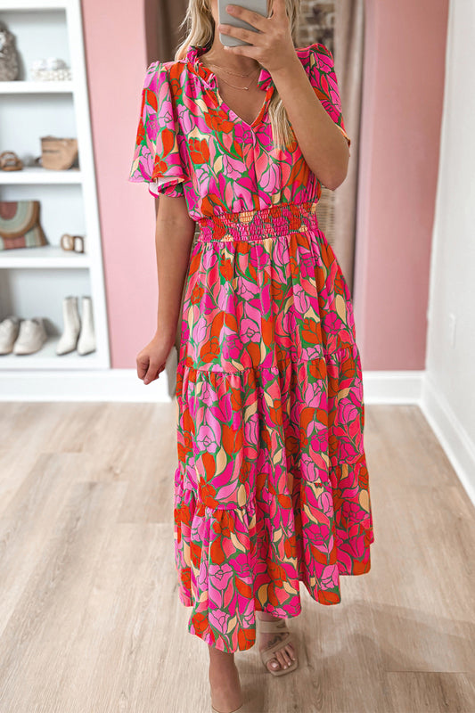 Roze bloemen maxi-jurk met korte mouwen en gesmokte taille