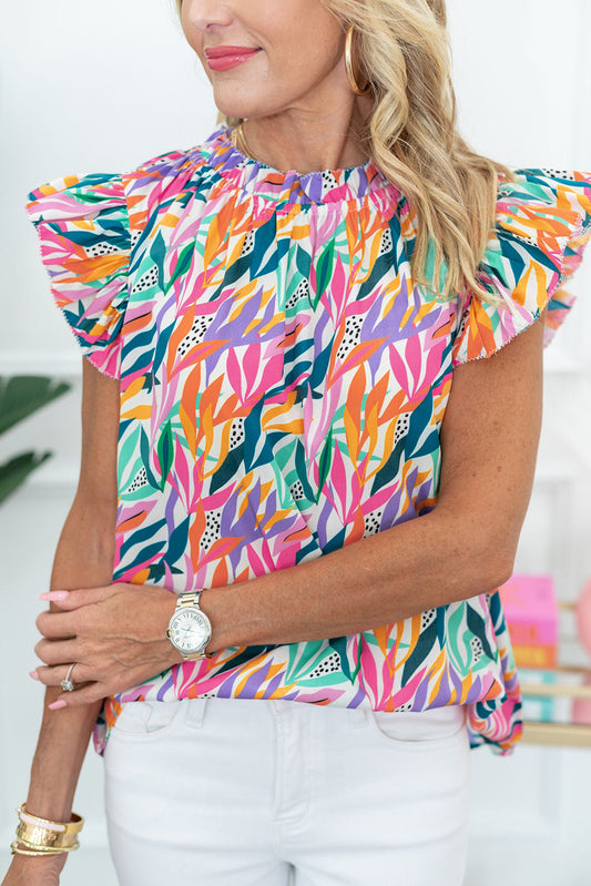 Rozerode bloemenprint blouse met ruches en fladdermouwen