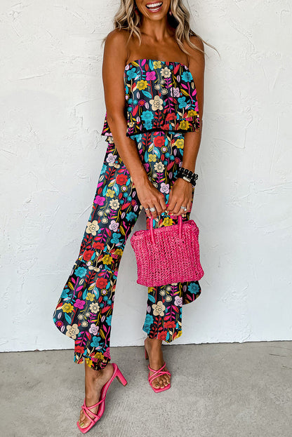 Roodmix strapless jumpsuit met ruches en tropische print