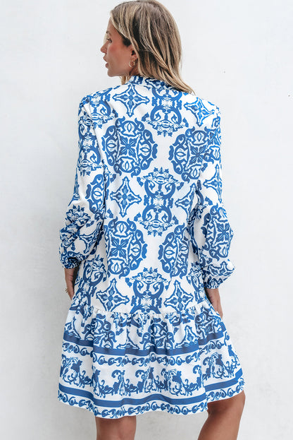 Hemelsblauwe tribal print knoop- en inkepinghals losse mini-jurk