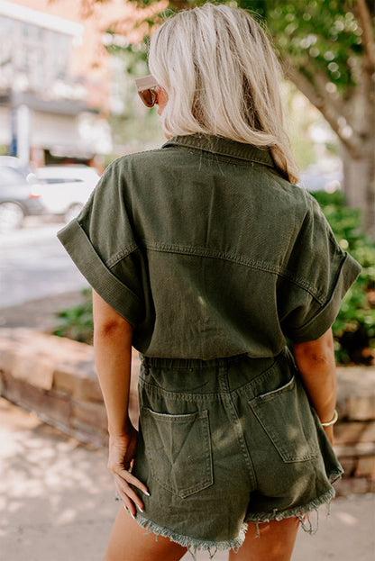 Mosgroene noodlijdende gerafelde denim romper