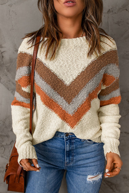 Beige Chevron Striped Drop Shoulder Sweater