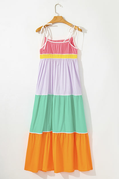 Multicolour colorblock zelfblokken riemen hoge taille flowy maxi-jurk met zakken