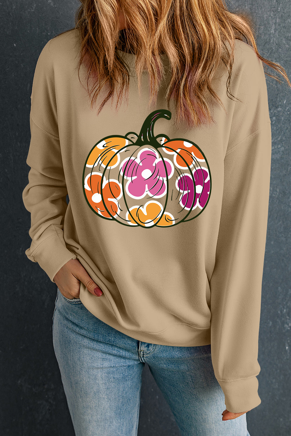 Khaki Halloween Floral Pumpkin Grafische Drop Schouder Sweatshirt