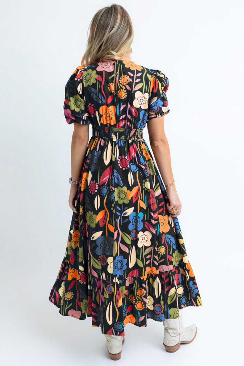 Zwarte maxi-jurk met retro bloemenprint en splithals