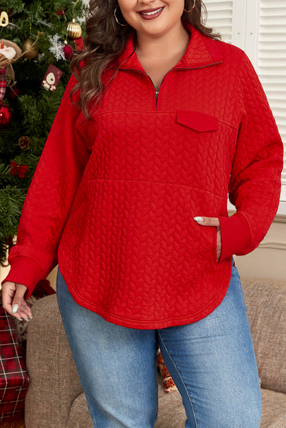 Tomatenrode kabel textuur kwartier zip zak met plus size pullover