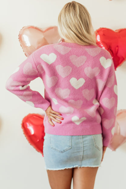 Roze Pearled Heart Print Valentijns Crew Neck Sweater