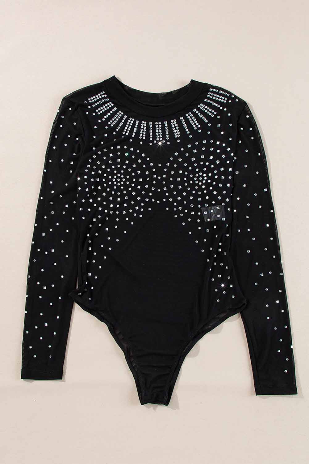 Zwarte strass pure mesh lange mouw bodysuit