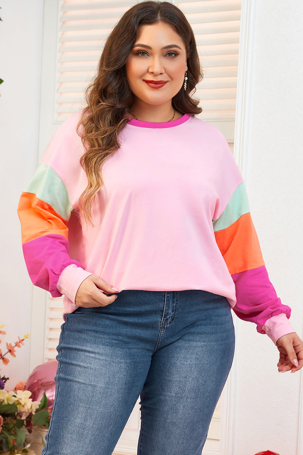 Roze Colorblock Patchwork Lange Mouw Plus Size Top