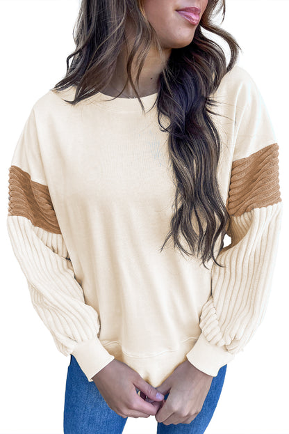 Abrikoos Corduroy Patchwork Drop Shoulder Sweatshirt met Lange Mouwen