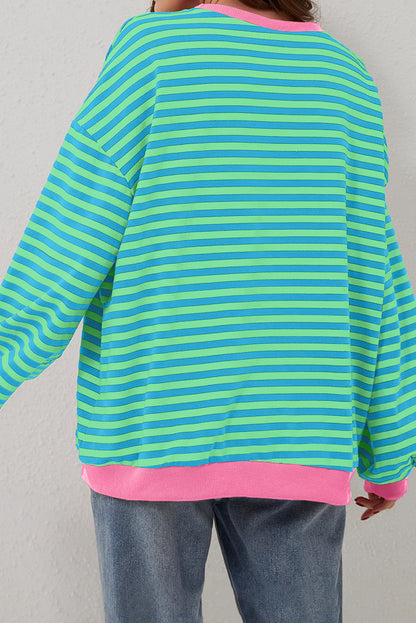 Sky Blue Stripe Oversized Contrast Trim Pullover Sweatshirt