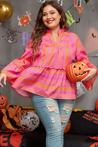 Vitality Orange Plus Size Geometrisch Geborduurd Bell Sleeve Babydoll Blouse