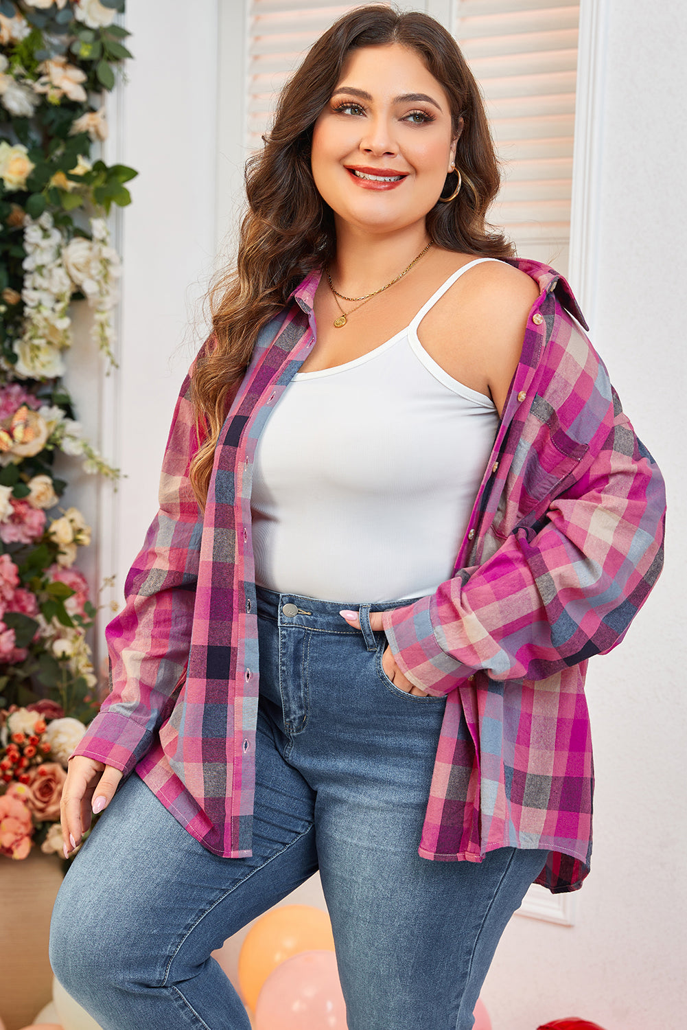 Rozenstreep Plus Size Geruite Print Overhemd met Knoopsluiting